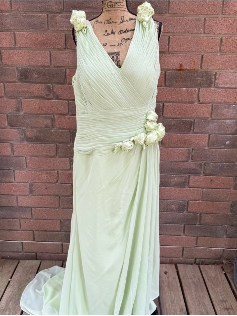 Hebeos Chiffon Light Green Maxi Dress with Floral Accents size 16